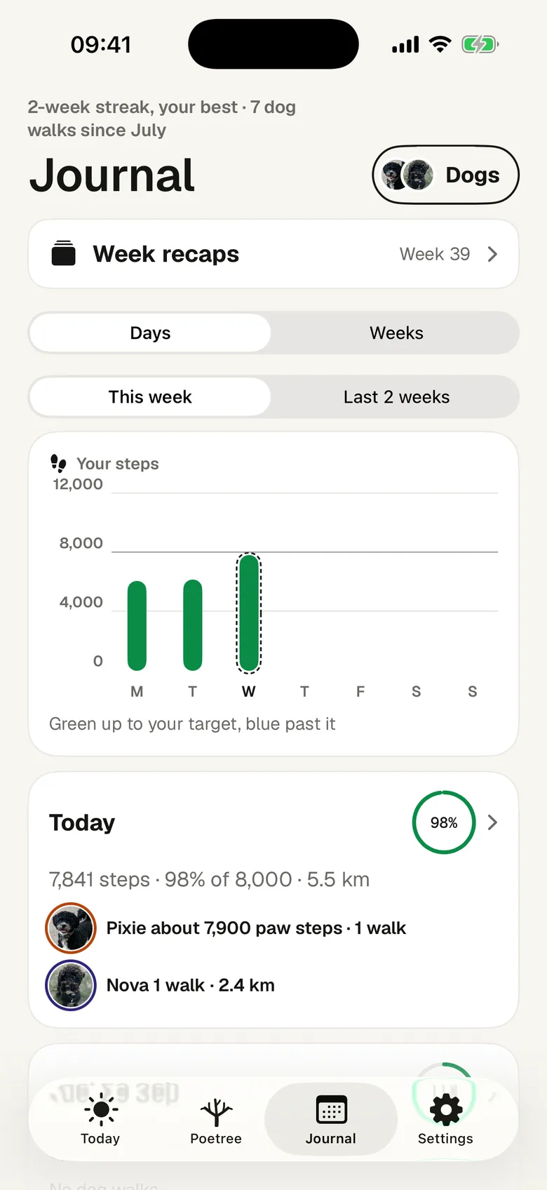 The Journal: this week's steps as bars against the target, and today's card with each dog's walks